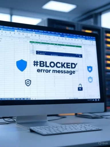 Computer screen displays an Excel error message with security shield icons, indicating access is blocked.