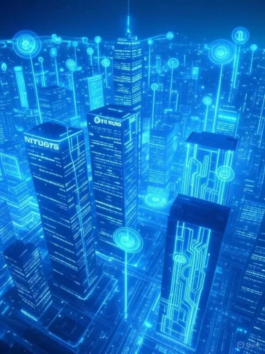 A futuristic cityscape illuminated by vibrant blue neon lights and digital holograms, depicting interconnected skyscrapers and technology.