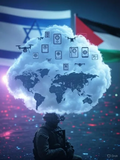 A soldier's silhouette with a cloud over his head displaying a world map, drones, and technology symbols, against a blurred city background.