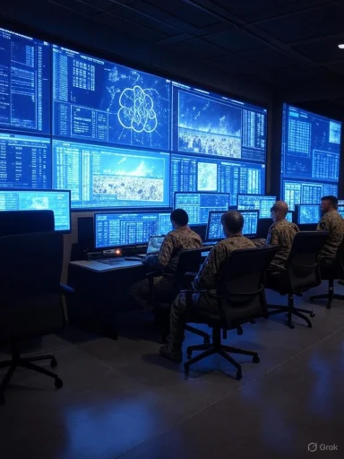 Military personnel monitor cybersecurity and satellite data on multiple large screens in a control room.