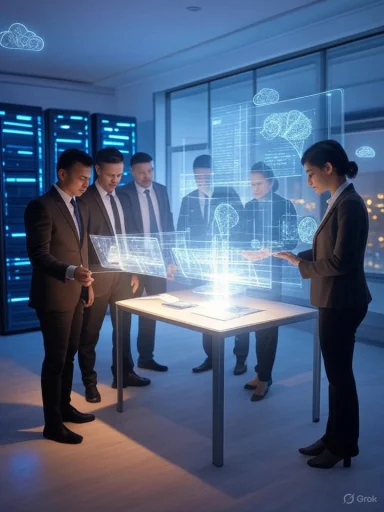 Businesspeople analyze holographic data and brain diagrams in a high-tech conference room.