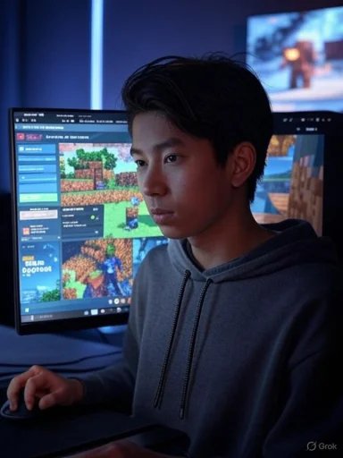 A young person focused on gaming at a computer with Minecraft gameplay displayed on the screens behind him.