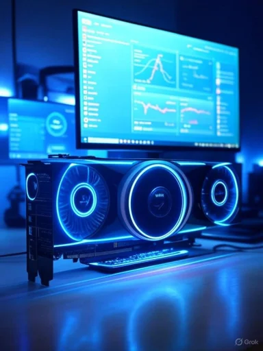 A high-performance graphics card with glowing blue LEDs is displayed before a computer monitor showing data and graphs.