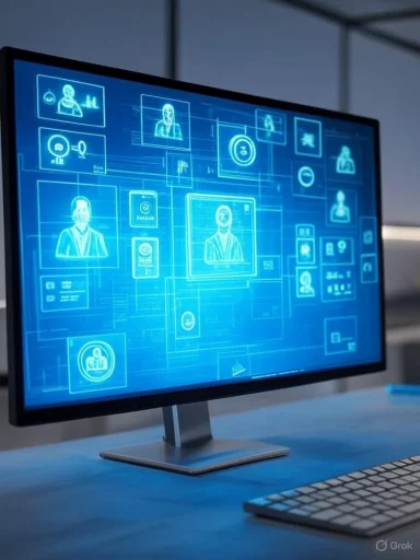 A computer monitor displays a futuristic digital network interface of user profiles and biometric data.