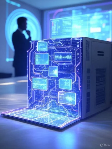 A holographic display type device showing digital data and graphics in a high-tech, futuristic environment.