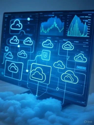 Digital cloud analytics display with weather symbols, graphs, and data over a cloud-filled background.