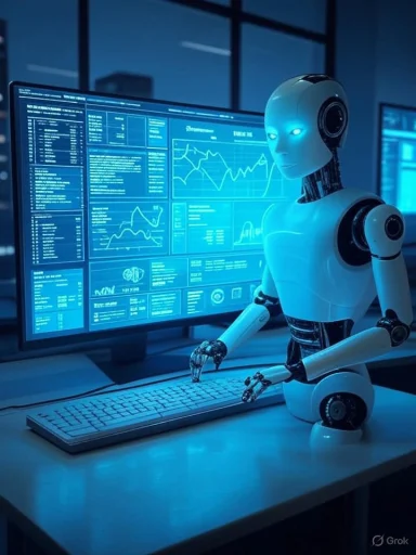 A humanoid robot working at a computer with multiple data and graph displays on a large screen.