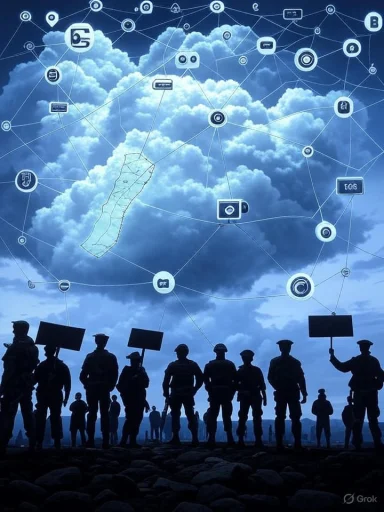 Silhouettes of protesters hold signs against a backdrop of interconnected cloud technology icons.