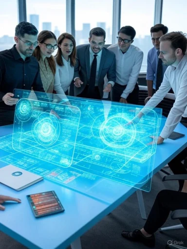 A diverse group of professionals analyzes futuristic holographic blueprints in a modern office.