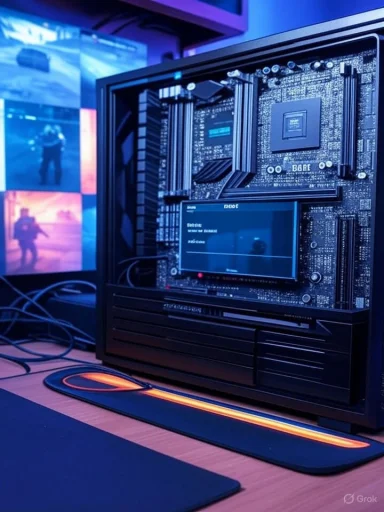 Open computer server with a motherboard, display, and LED-lit accessories in a high-tech setup.