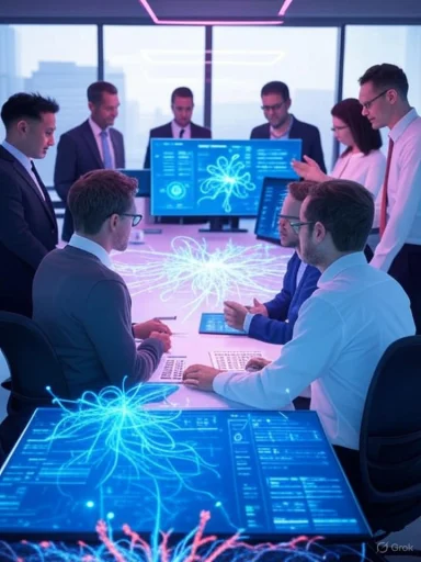 Team of professionals analyzing digital brain and neural network visuals in a futuristic conference room.