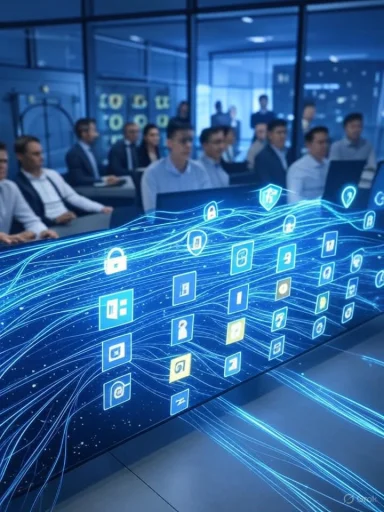 A group of professionals in a modern office observing a digital display of interconnected security and technology icons.