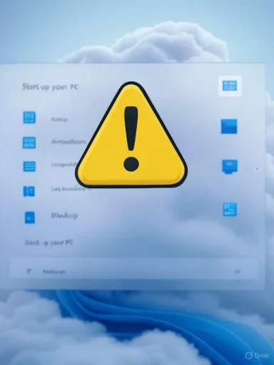 A warning icon overlays a Windows setup screen with a cloud background, indicating a potential system or installation issue.