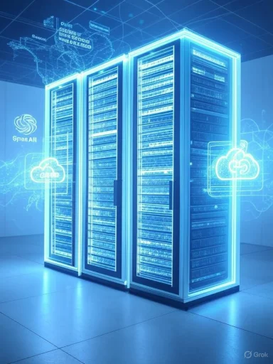 Futuristic digital data center with glowing servers and holographic cloud and AI icons.