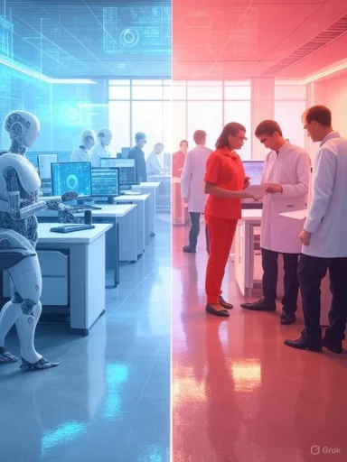 A split view of a futuristic tech lab with robots and humans collaborating on research and development.