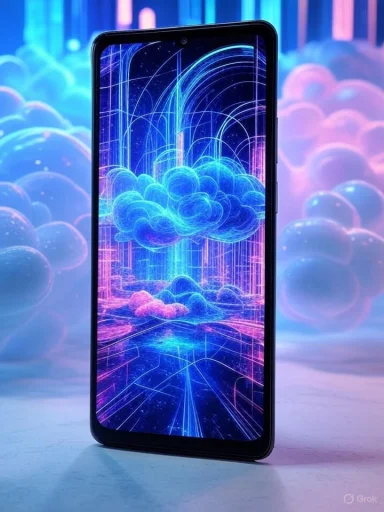 A smartphone displays a vibrant, futuristic neon cloudscape with glowing clouds and digital lines against a colorful background.