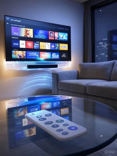 Modern living room with a large flat-screen TV, illuminated soundbar, and a remote on a glass coffee table.