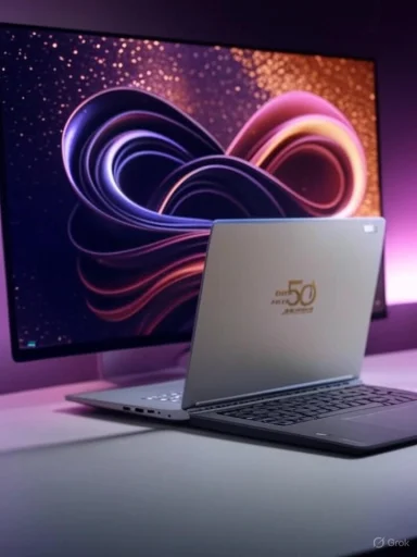A sleek laptop in front of a vibrant, abstract digital display with a 50th anniversary logo on the lid.