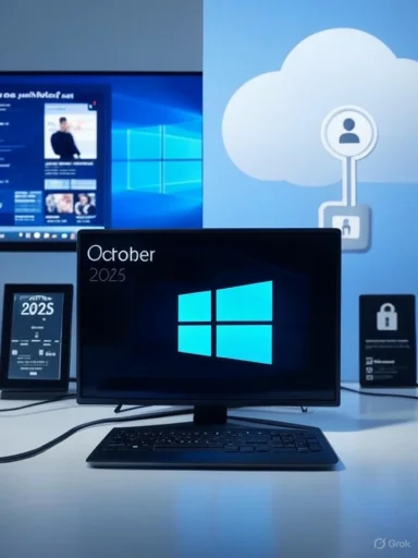 A computer monitor displays the Windows logo with a futuristic backdrop of cloud and security icons.