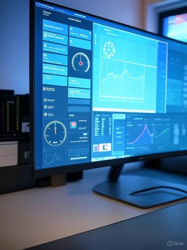 Multiple data analytics dashboards displaying charts, graphs, and system metrics on a curved monitor.