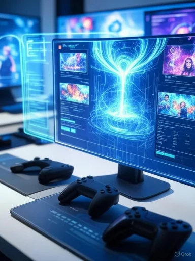 Multiple gaming controllers are placed in front of curved monitors displaying futuristic sci-fi visuals and user interfaces.
