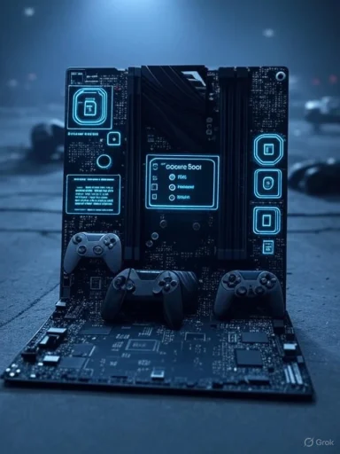 A gaming motherboard with controllers, illuminated by neon blue lights, set against a dark background.