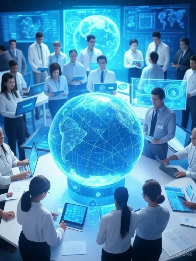A team of professionals gathers around a glowing 3D holographic globe in a high-tech conference room.
