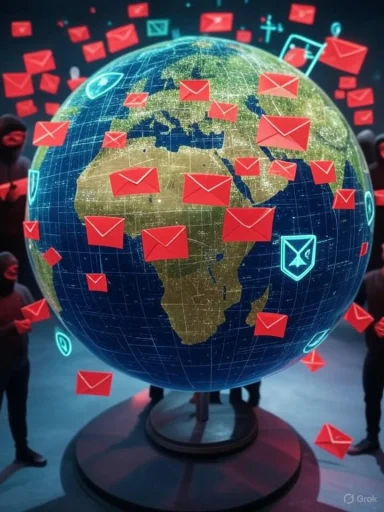 A digital globe surrounded by numerous red email icons representing global communication and connectivity.
