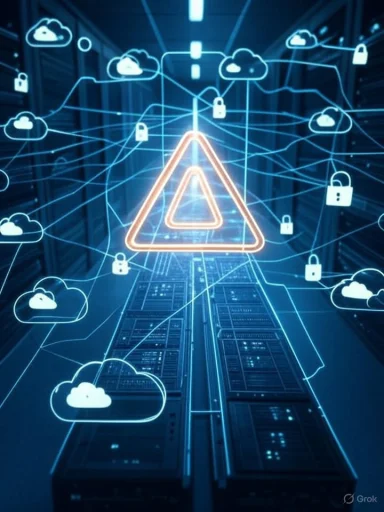 A digital security warning symbol over cloud computing and data storage icons, indicating cybersecurity threats.