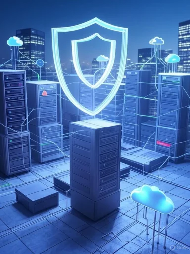 Digital cloud security concept with servers, clouds, and a protective shield illuminated in blue.