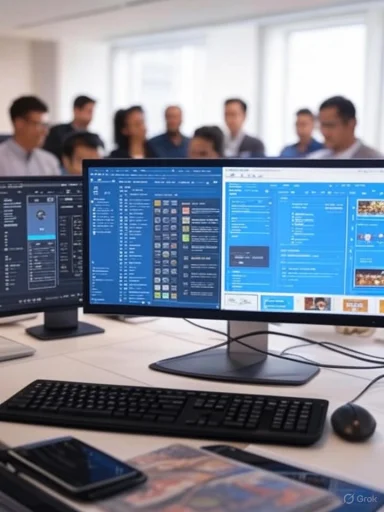 A group of professionals in a meeting room are viewed from behind with dual computer screens displaying data and spreadsheets.