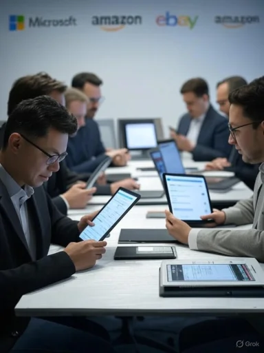 Business professionals in a meeting using tablets, with Amazon, eBay, and Microsoft logos in the background.