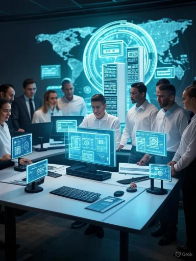 A diverse team analyzes digital data on multiple screens in a high-tech global cybersecurity operations center.