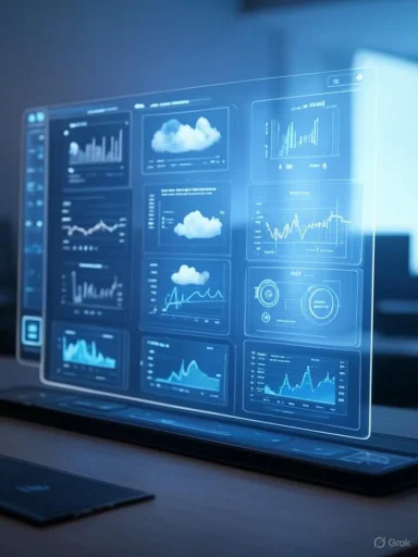 A futuristic, transparent digital dashboard displays weather patterns, graphs, and data analytics in a high-tech environment.