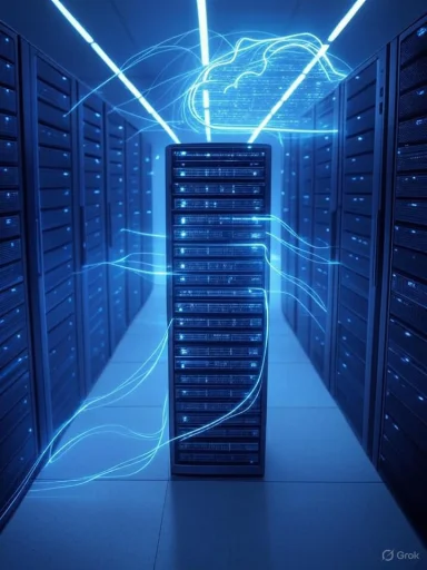 A futuristic data center with server racks illuminated by blue lights and digital energy streams flowing around them.