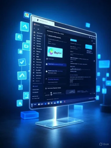 A digital illustration of a computer monitor displaying a dark-themed interface with floating app icons and digital elements.