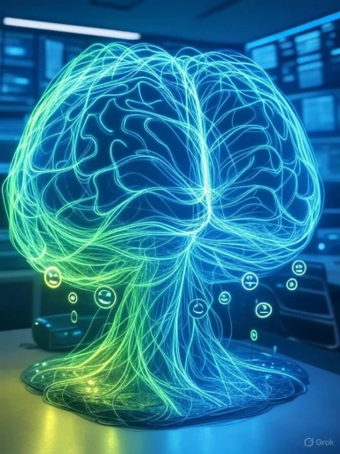 A digital illustration of a brain with glowing light trails and floating icons representing neural networks and data flow.