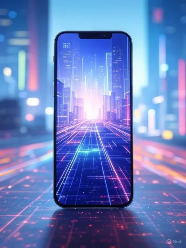 A futuristic cityscape with vibrant neon lights displayed on a smartphone screen.