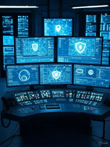 A high-tech security command center with multiple monitors displaying digital shields and cyber network graphics.