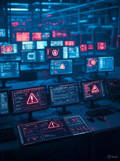 A high-tech cybersecurity control room with multiple monitors displaying warning signs and data breaches.