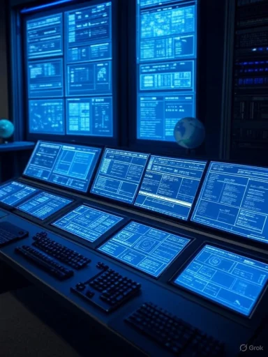 A high-tech control room with multiple blue-lit monitors displaying data and information.