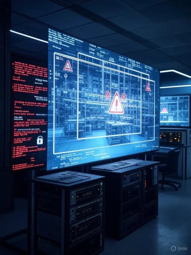 A high-tech data center with warning alerts displayed on large digital screens and server racks.