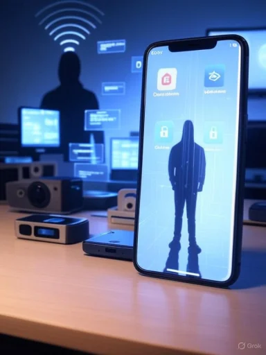 A smartphone displays a digital avatar and security icons, with a background of monitors and tech devices suggesting cybersecurity.