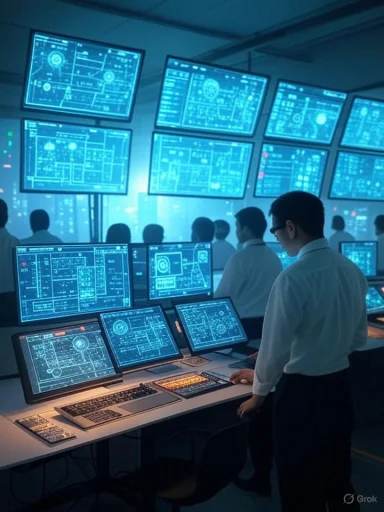 A control room with multiple monitors displaying complex technical schematics and data, operated by personnel in formal attire.