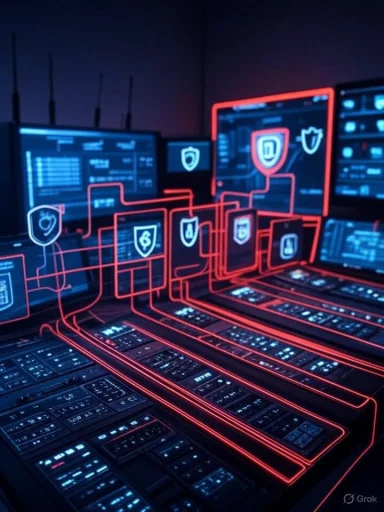 Futuristic cybersecurity control room with neon outlines of shields and interconnected digital monitors.