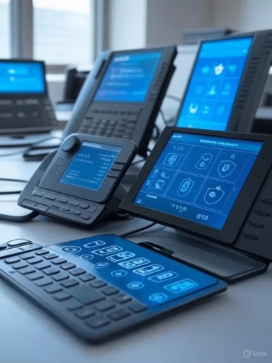 Multiple office phone devices with digital screens displaying various icons and information on a desk.