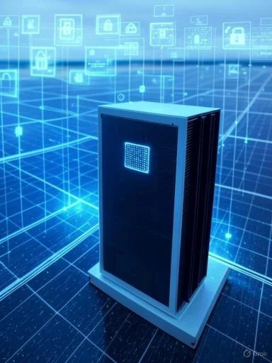 A futuristic data server surrounded by holographic icons representing cybersecurity and digital connectivity.