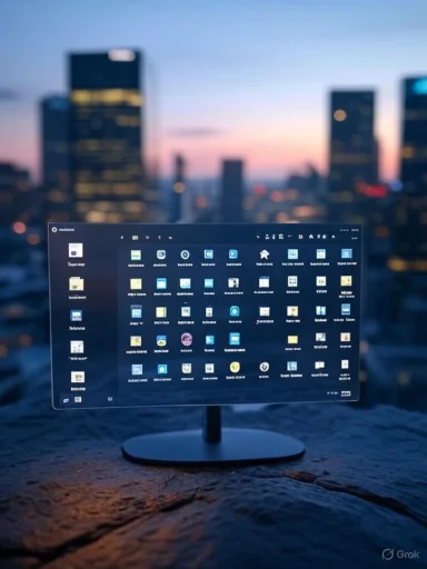 A computer monitor displaying icons, set outdoors against a blurred city skyline at sunset.