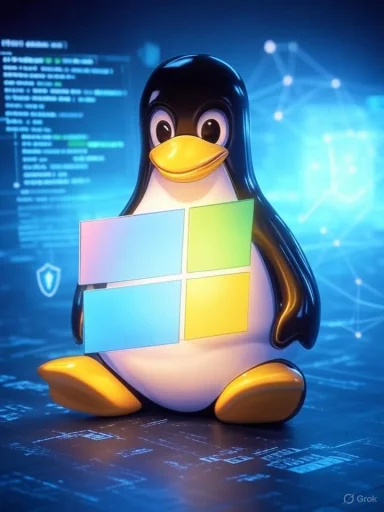 A penguin-shaped robot holding a colorful Windows logo, with digital code and network graphics in the background.