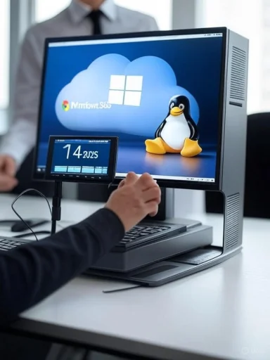 A person interacts with a digital device on a desktop setup displaying Linux mascot Tux, Windows, and cloud icons.
